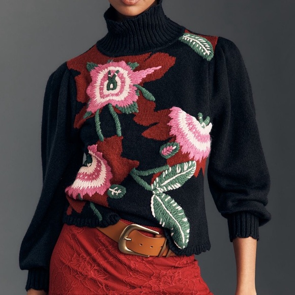 FARM Rio Sweaters - *NWT* Farm Rio Bold Colorful Flower Knit Mock neck Pullover Sweater, size S